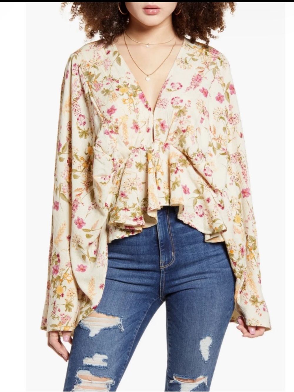 BAND OF GYPSIES Floral Bell Sleeve Peplum Ruffle Crop sz Medium